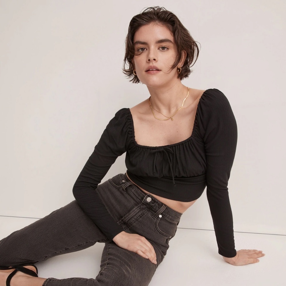 Madewell Black Ribbed Stretch Basic Square-Neck L… - image 1